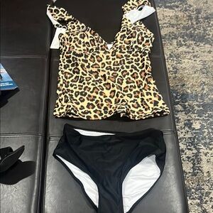 Leopard Print Tankini Top and Black Bottoms